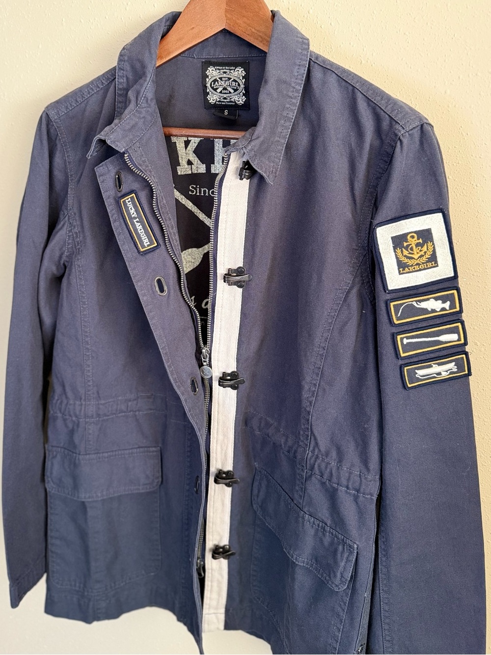 Lakegirl Navy Utility Field Jacket Nautical Sleeve Patches Lake Life Size S